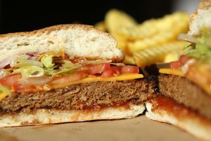 A Beyond Burger, a vegan veggie burger, is seen at the Vedang fast food restaurant