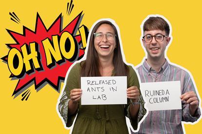 Two people holding signs on a yellow background that reads 'oh no!'