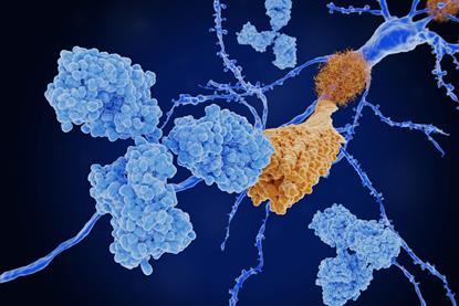 A digital artwork of a Y-shaped antibody bound to a yellow molecule on a neuron