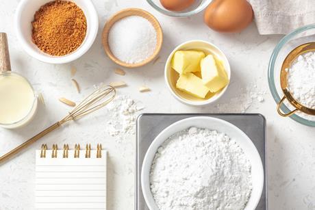 Baking ingredients on a table seen from above