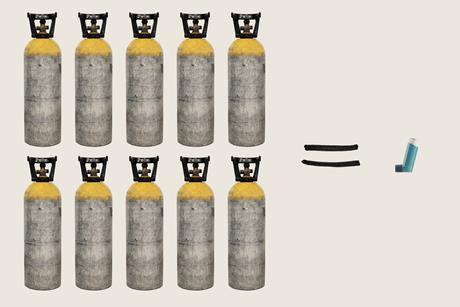 10 gas cylinders and 1 inhaler