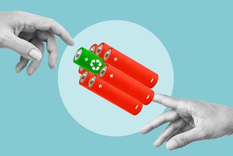 Green recyclable battery and regular batteries as symbol suggesting battery recycling and infinite energy. Infinite batteries, clean and sustainable energy concepts