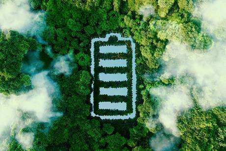 A battery logo imprinted on a rainforest, viewed from above