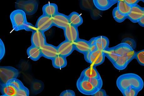 A 3d chemical protein structure with a heat map laid over.