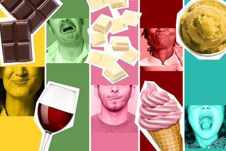 A collage of photos of red wine, strawberry ice cream, lemon sorbet, dark chocolate, white chocolate and several mouths showing differing emotions, such as disgust and pleasure