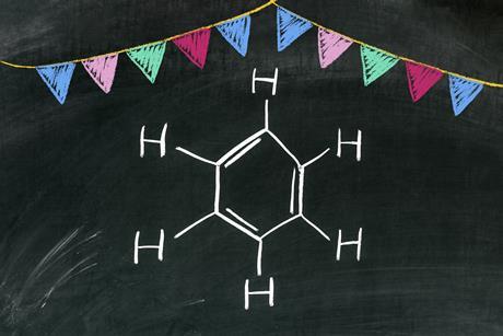 Benzene and bunting in chalk on a blackboard