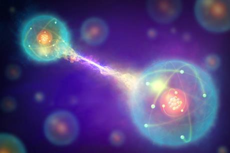 Artistic rendering of two atoms connected by quantum entanglement