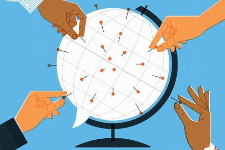 People sticking location pins in speech bubble globe