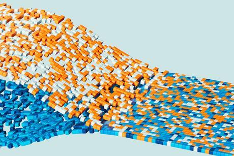 Two data streams represented by small cubes combine into a single seamless stream