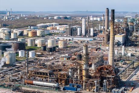An aerial view of an aging oil refinery