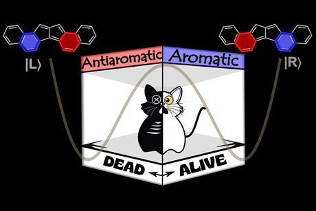 A cartoon of a cat in a box who is half dead on the antiaromatic molecule side and half alive on the aromatic molecule side