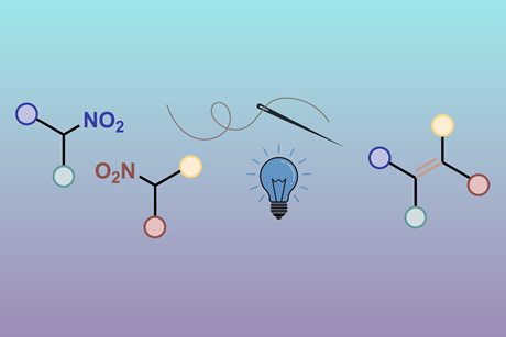 Illustration showing two nitroalkane reagents on the left, with a sewing needle and thread and light bulb in the centre, and an alkene product on the right