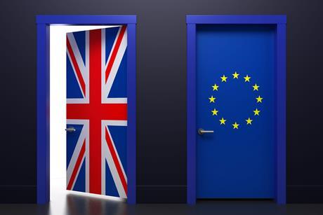 Two doors - one open with a union jack on and one closed with an EU flag.