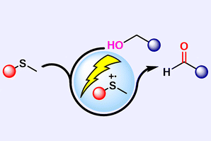 A diagram showing a sulphide group turned positive by electrochemistry ning to oxidise an alcohol group