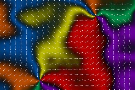 A grid of arrows swirling around points that are also intersections of different colours
