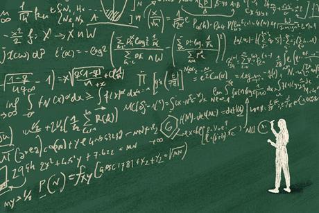 Large numbers of mathematical equations cover a chalkboard. At the bottom right, a chalk outline of a person with long hair appears to be writing more equations