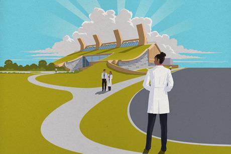 A vintage-style poster showing sustainable labs