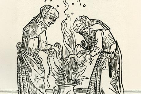 Two witches brewing a spell in a cauldron