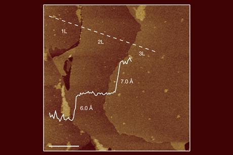 AFM image of a 2D Bi sample consisting of the monolayer, bilayer and trilayer B