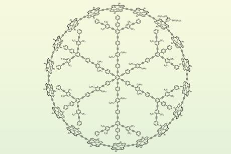 Chemical structure showing an organic ring of 18 units that include nitrogen, argon and zinc around a snowflakes like organic structure with six branches each with three subbranches