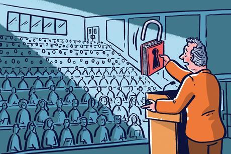 Lecturer holding up unlocked book