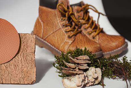 Vegan leather shoes from mushroom mycelium and samples of vegan bio leather