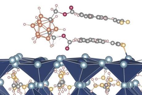 Illustration shows a carborane-based molecule on a PbI2-terminated FAPbI3 perovskite surface