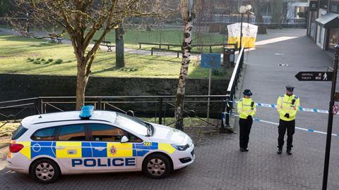 A police tent is seen behind a cordon outside The Maltings shopping centre where a man and a woman were found critically ill on a bench on March 4 and taken to hospital sparking a major incident, on March 7, 2018 in Wiltshire, England. Sergei Skripal, who