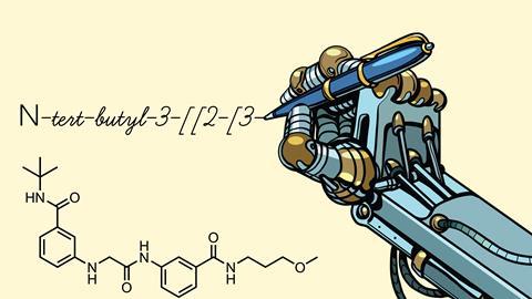 An illustration showing a robotic hand holding a pen and writing down a chemical compound name above a structure