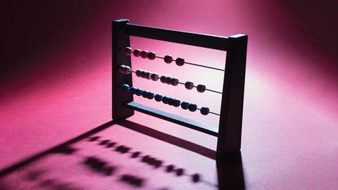 Abacus on which the number of atoms of each of the elements 118, 117 and 116 that have ever been synthesized are counted 