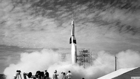 Test launch of Bumper 8: a two-stage rocket that topped a V-2 missile base with a WAC Corporal rocket