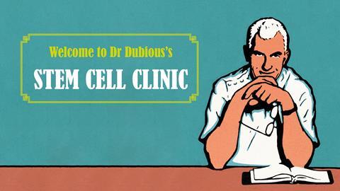 An advert-style images showing an illustration of a dubious looking doctor next to the following text: Welcome to Dr Dubious's Stem Cell Clinic