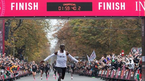 An image showing Eliud Kipchoge at the finish line
