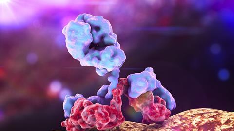 3D render of an immunoglobulin attached to a bacterial surface