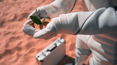 An image showing a cosmonaut standing on desert and holding sand with plant in palms