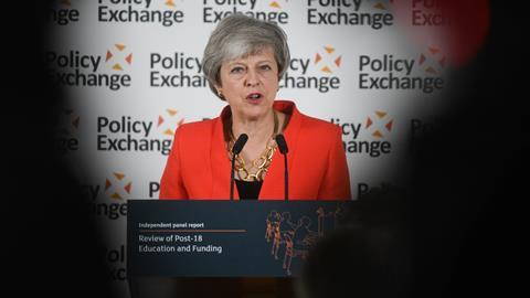 An image showing Theresa May responding to the Post-18 Education and Funding review