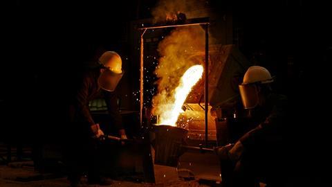 Hot molten steel in a foundry