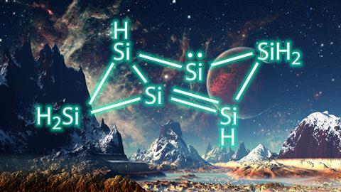 Hexasilabenzene chemical structure over an alien landscape