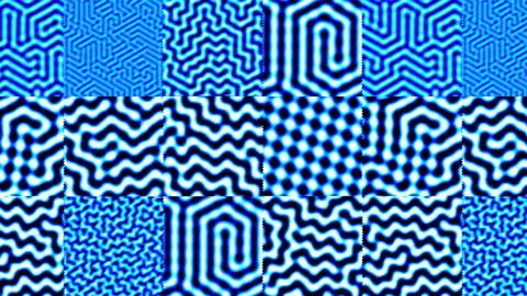 An image showing multiple squares of different blue and white patterns. Some of them are simple stripes while others form regular labyrinthine forms