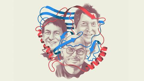 Portraits of David Baker, Demis Hassabis and John Jumper surrounded by red and blue protein alpha-helices and beta-sheets