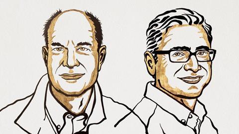 A gold and black line drawing of the two laureates. David Julius is a balding man with a mellow expression, Ardem Patapoutian is a man with wavy hair wearing glasses