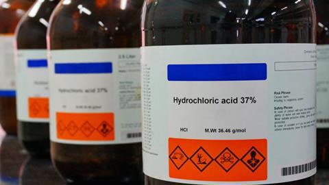 Bottles of hydrochloric acid