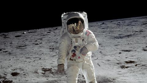 Astronaut Buzz Aldrin walking on the surface of the moon during the Apollo 11 mission