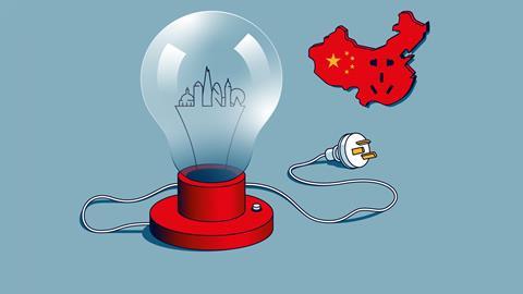 A lightbulb representing Europe unplugged from a power socket representing China
