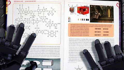An image showing robot arms over a chemistry textbook written as strings of 1 and 0