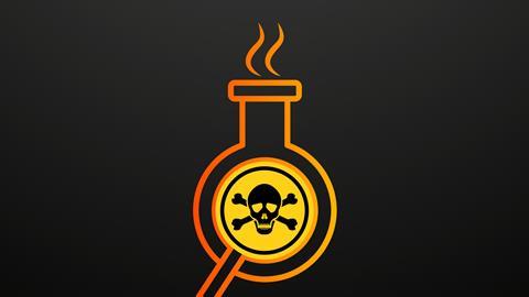 Flask with magnifier and toxic sign overlaid
