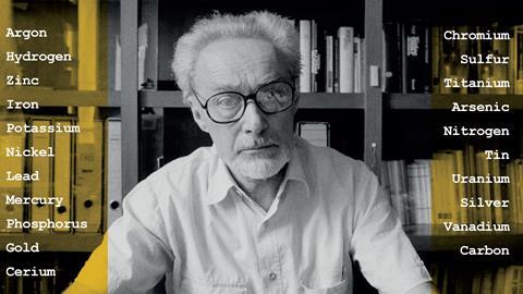 A photograph of Primo Levi; the tile of the chapters in his book, The Periodic Table, are written around him
