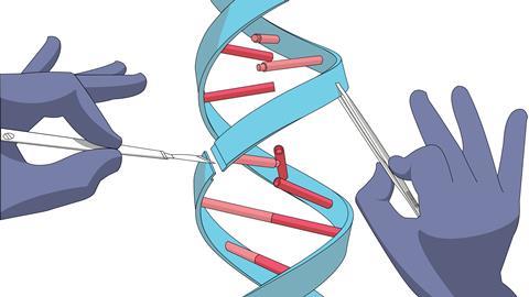 Illustration of surgically editing a strand of DNA
