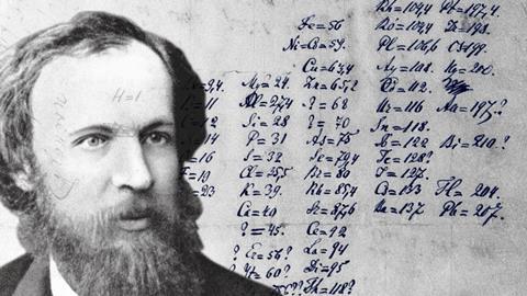 A picture of Mendeleev with his 1869 periodic table