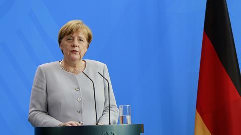 German Chancellor Angela Merkel at a press conference after a meeting with the Ukranaian Prime Minister in the Chanclery